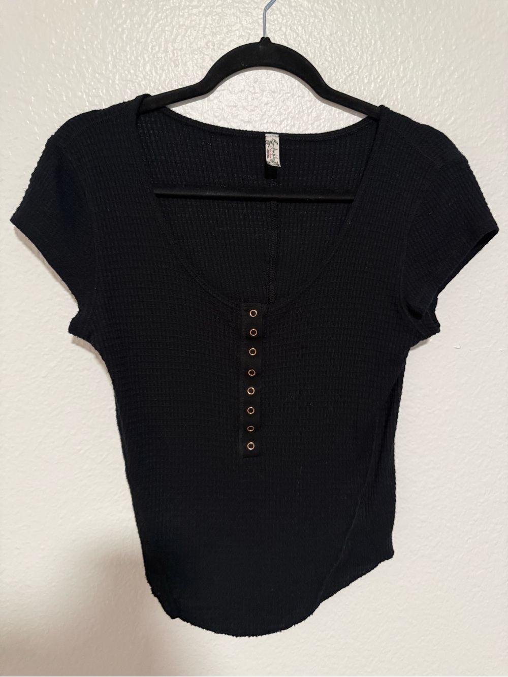 Free People Black Ribbed Short-Sleeve Henley Tee